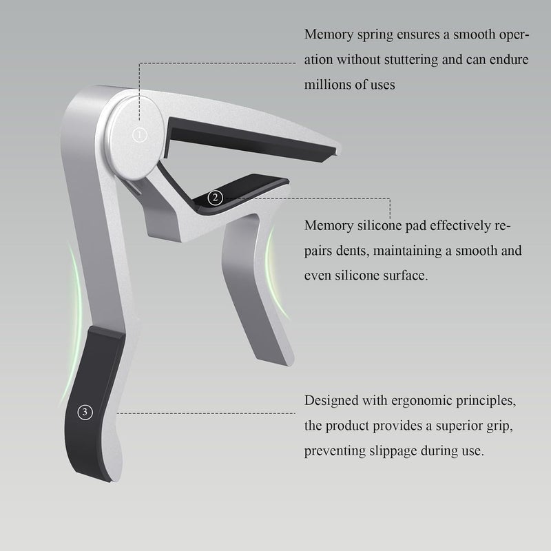 DIDA Guitar Capo for Acoustic, Classical, Electric Guitars, Ukulele, Mandolin, Banjo, and other string musical instruments, Quick Release, Memory Silicone Pad, Buzzing-Free (Black & Silver) - Image 4